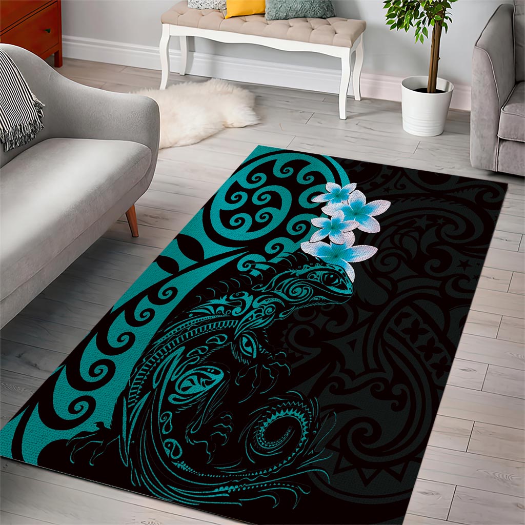 New Zealand Tuatara Plumeria Area Rug Maori Teal Koru Tribal Tattoo LT01 - Polynesian Pride