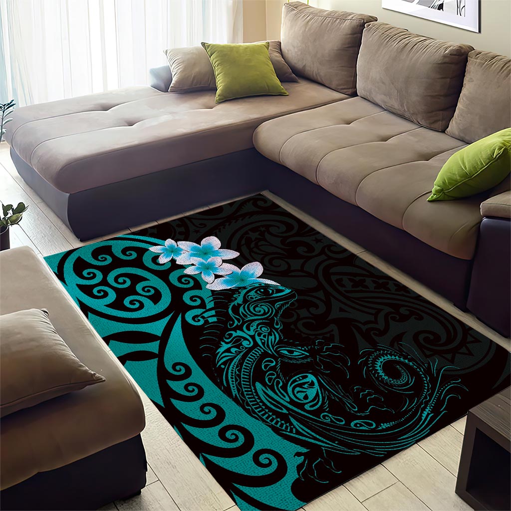 New Zealand Tuatara Plumeria Area Rug Maori Teal Koru Tribal Tattoo LT01 - Polynesian Pride