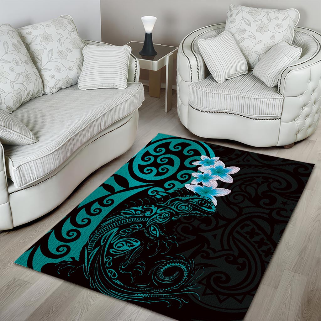 New Zealand Tuatara Plumeria Area Rug Maori Teal Koru Tribal Tattoo LT01 - Polynesian Pride