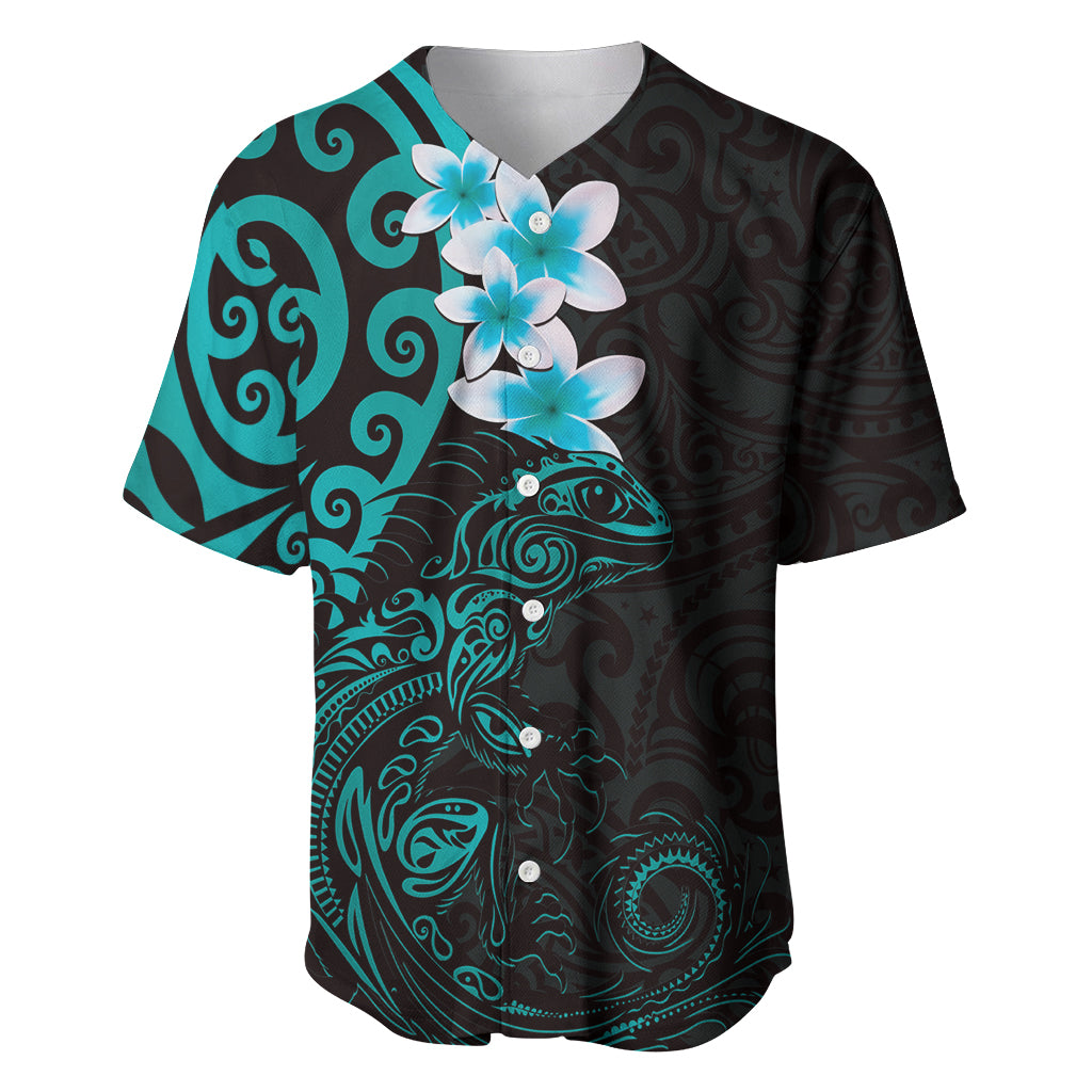 New Zealand Tuatara Plumeria Baseball Jersey Maori Teal Koru Tribal Tattoo LT01 Teal - Polynesian Pride