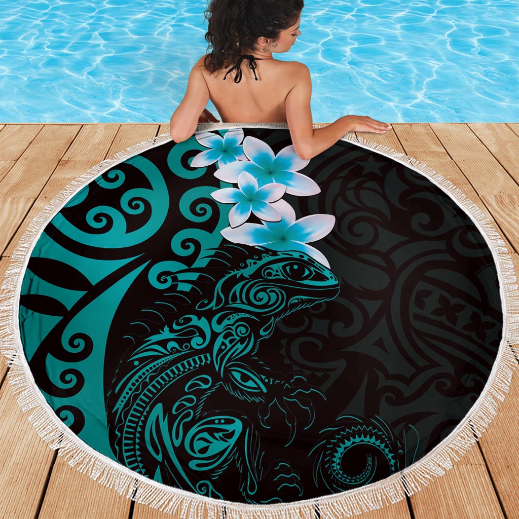 New Zealand Tuatara Plumeria Beach Blanket Maori Teal Koru Tribal Tattoo LT01 - Polynesian Pride