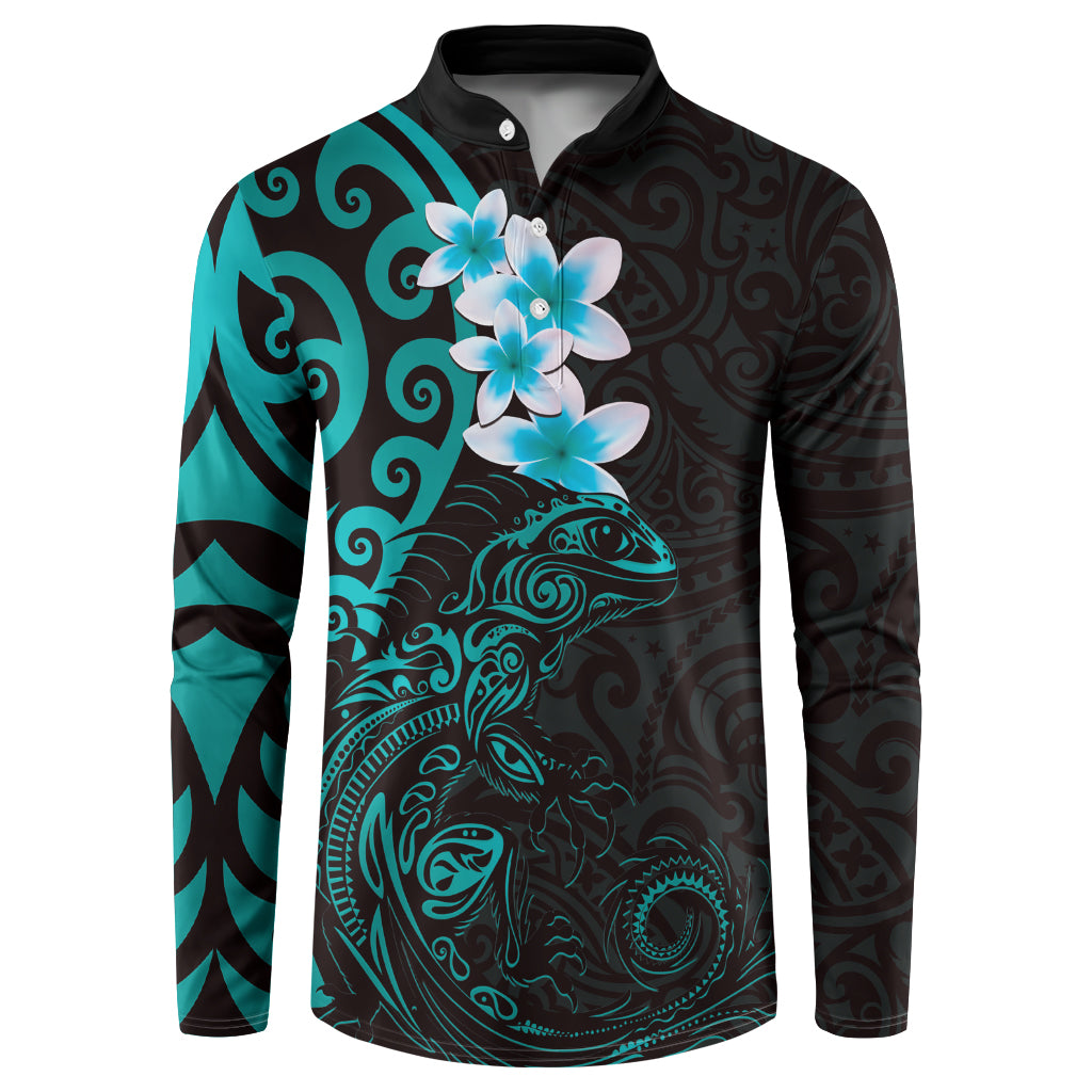 New Zealand Tuatara Plumeria Button Sweatshirt Maori Teal Koru Tribal Tattoo