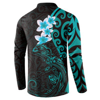 New Zealand Tuatara Plumeria Button Sweatshirt Maori Teal Koru Tribal Tattoo LT01 - Polynesian Pride