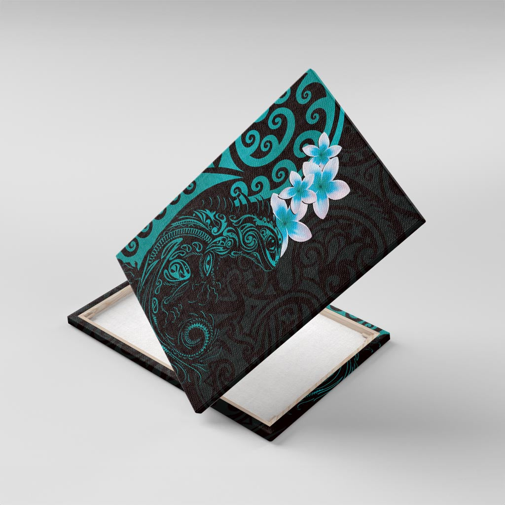 New Zealand Tuatara Plumeria Canvas Wall Art Maori Teal Koru Tribal Tattoo LT01 With Frame Teal - Polynesian Pride