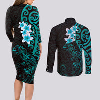 New Zealand Tuatara Plumeria Couples Matching Long Sleeve Bodycon Dress and Long Sleeve Button Shirt Maori Teal Koru Tribal Tattoo LT01 - Polynesian Pride