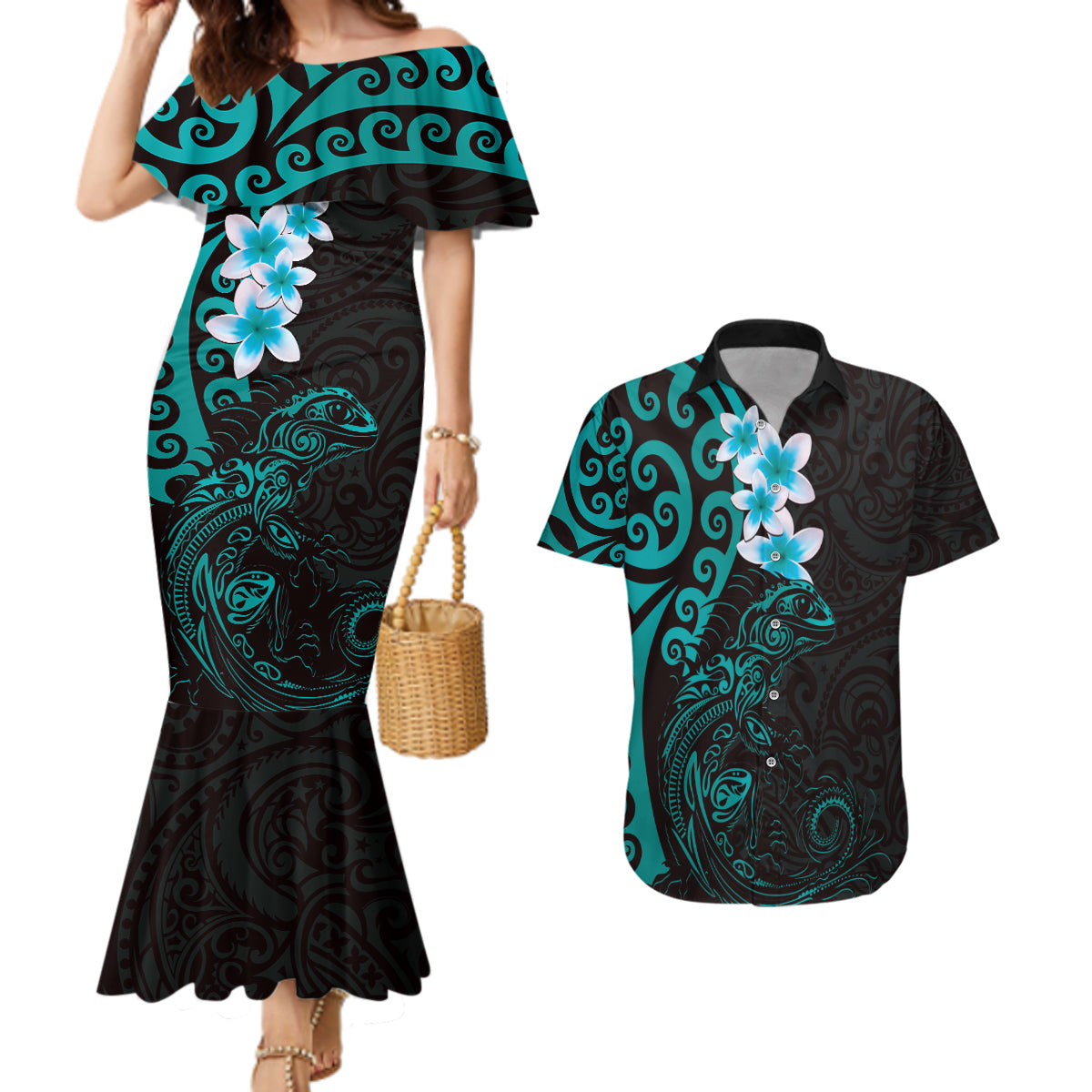 New Zealand Tuatara Plumeria Couples Matching Mermaid Dress and Hawaiian Shirt Maori Teal Koru Tribal Tattoo LT01 Teal - Polynesian Pride
