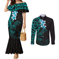 New Zealand Tuatara Plumeria Couples Matching Mermaid Dress and Long Sleeve Button Shirt Maori Teal Koru Tribal Tattoo LT01 Teal - Polynesian Pride