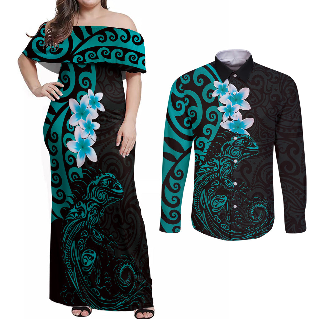 New Zealand Tuatara Plumeria Couples Matching Off Shoulder Maxi Dress and Long Sleeve Button Shirt Maori Teal Koru Tribal Tattoo LT01 Teal - Polynesian Pride