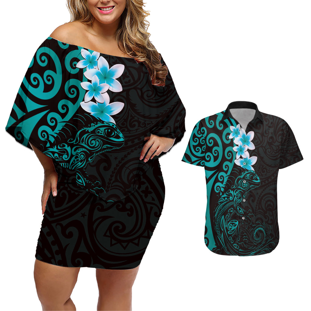 New Zealand Tuatara Plumeria Couples Matching Off Shoulder Short Dress and Hawaiian Shirt Maori Teal Koru Tribal Tattoo LT01 Teal - Polynesian Pride