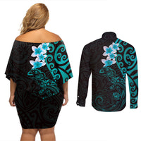 New Zealand Tuatara Plumeria Couples Matching Off Shoulder Short Dress and Long Sleeve Button Shirt Maori Teal Koru Tribal Tattoo LT01 - Polynesian Pride