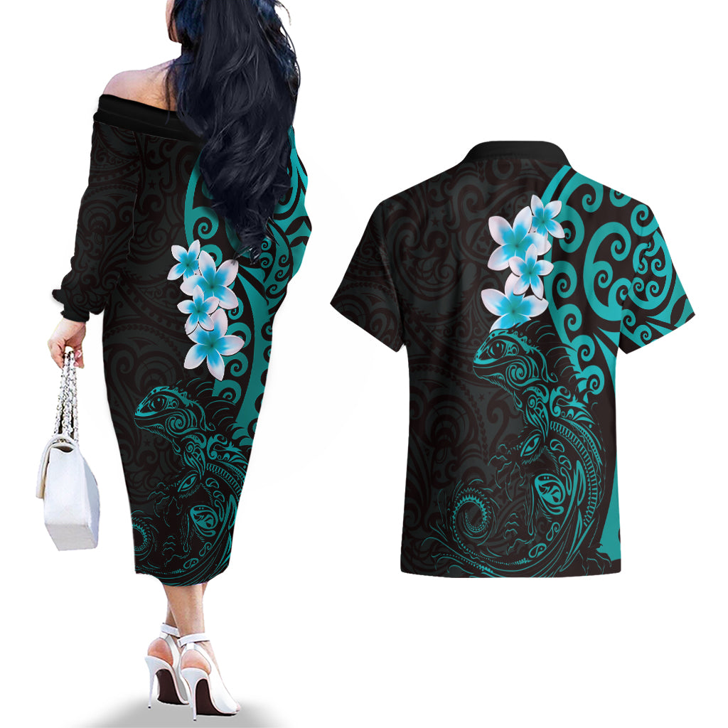 New Zealand Tuatara Plumeria Couples Matching Off The Shoulder Long Sleeve Dress and Hawaiian Shirt Maori Teal Koru Tribal Tattoo LT01 - Polynesian Pride
