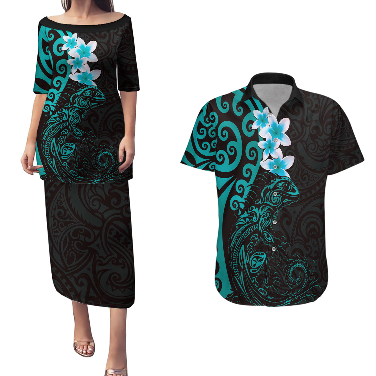 New Zealand Tuatara Plumeria Couples Matching Puletasi and Hawaiian Shirt Maori Teal Koru Tribal Tattoo LT01 Teal - Polynesian Pride