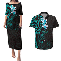 New Zealand Tuatara Plumeria Couples Matching Puletasi and Hawaiian Shirt Maori Teal Koru Tribal Tattoo LT01 Teal - Polynesian Pride