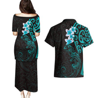 New Zealand Tuatara Plumeria Couples Matching Puletasi and Hawaiian Shirt Maori Teal Koru Tribal Tattoo LT01 - Polynesian Pride