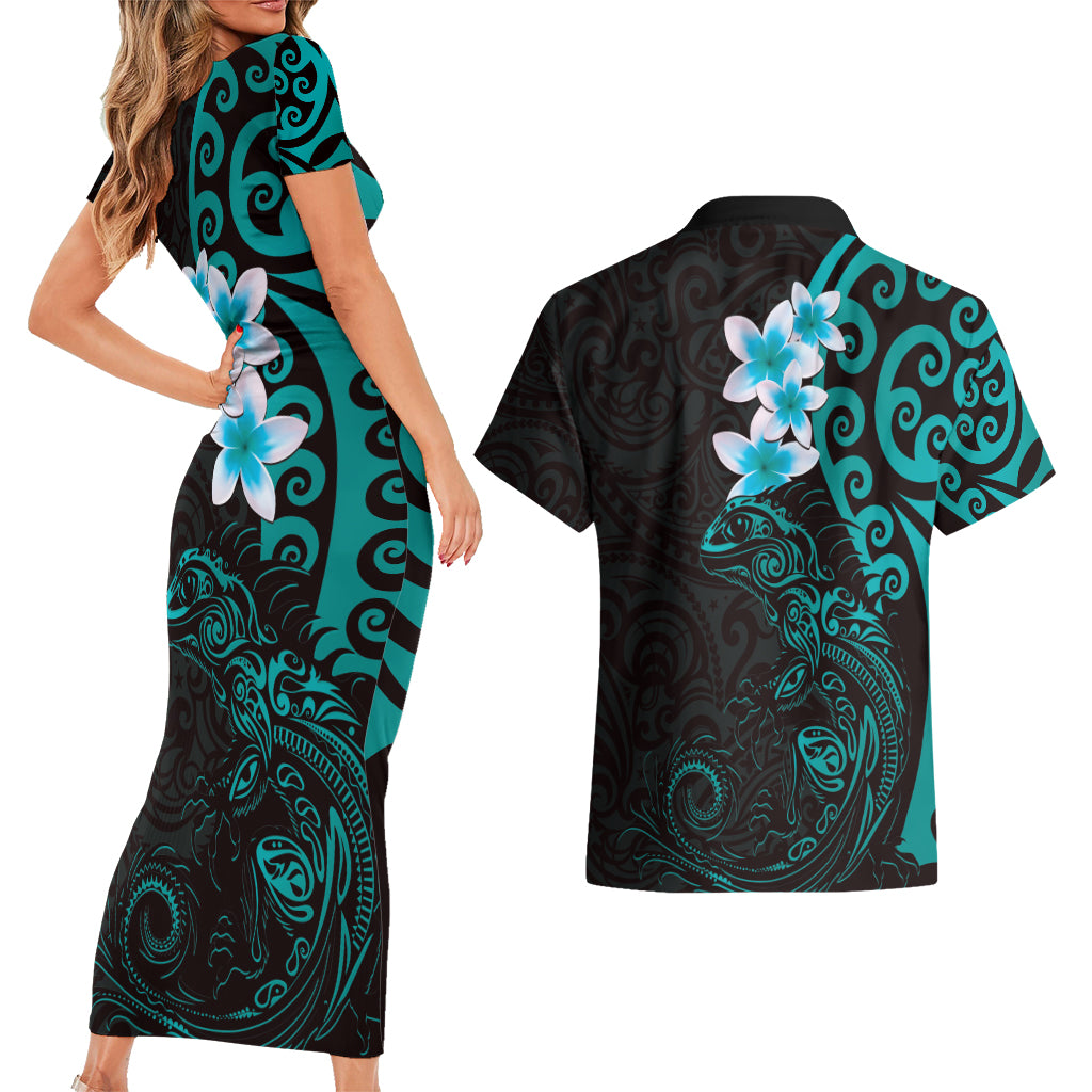 New Zealand Tuatara Plumeria Couples Matching Short Sleeve Bodycon Dress and Hawaiian Shirt Maori Teal Koru Tribal Tattoo LT01 - Polynesian Pride
