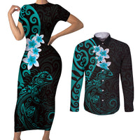 New Zealand Tuatara Plumeria Couples Matching Short Sleeve Bodycon Dress and Long Sleeve Button Shirt Maori Teal Koru Tribal Tattoo LT01 Teal - Polynesian Pride