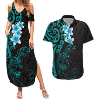 New Zealand Tuatara Plumeria Couples Matching Summer Maxi Dress and Hawaiian Shirt Maori Teal Koru Tribal Tattoo LT01 Teal - Polynesian Pride