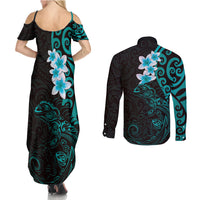 New Zealand Tuatara Plumeria Couples Matching Summer Maxi Dress and Long Sleeve Button Shirt Maori Teal Koru Tribal Tattoo LT01 - Polynesian Pride