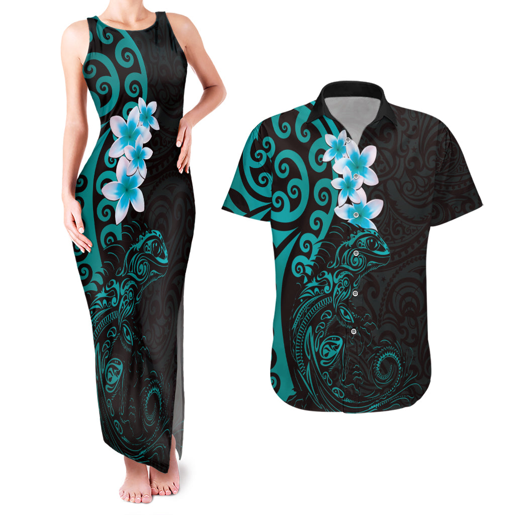 New Zealand Tuatara Plumeria Couples Matching Tank Maxi Dress and Hawaiian Shirt Maori Teal Koru Tribal Tattoo LT01 Teal - Polynesian Pride