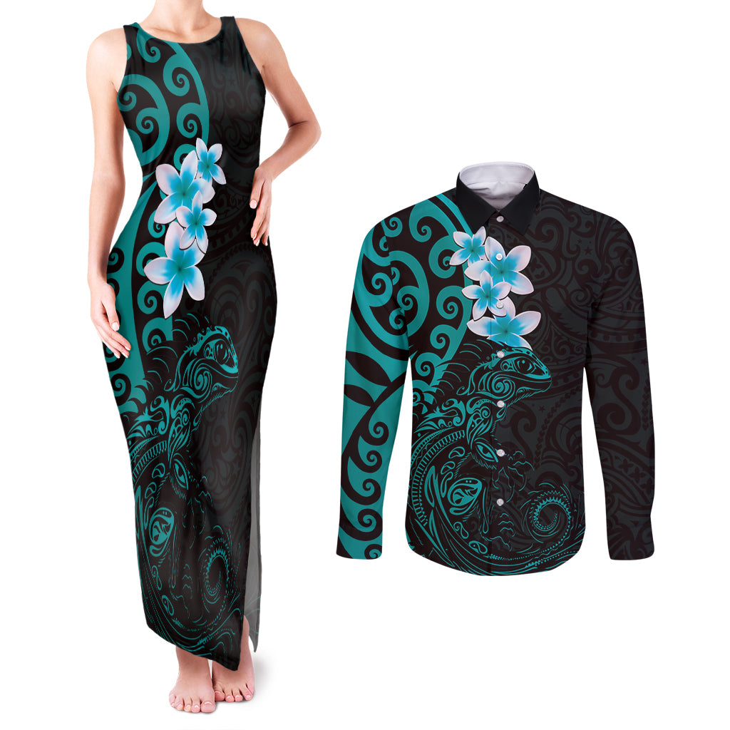 New Zealand Tuatara Plumeria Couples Matching Tank Maxi Dress and Long Sleeve Button Shirt Maori Teal Koru Tribal Tattoo LT01 Teal - Polynesian Pride