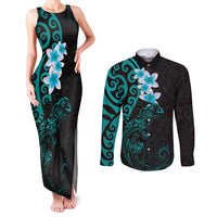 New Zealand Tuatara Plumeria Couples Matching Tank Maxi Dress and Long Sleeve Button Shirt Maori Teal Koru Tribal Tattoo LT01 Teal - Polynesian Pride