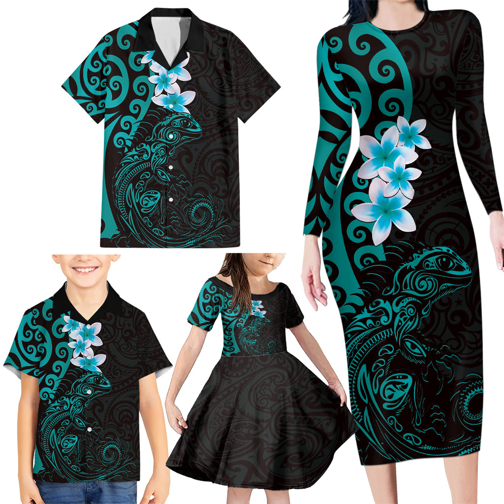 New Zealand Tuatara Plumeria Family Matching Long Sleeve Bodycon Dress and Hawaiian Shirt Maori Teal Koru Tribal Tattoo LT01 - Polynesian Pride