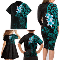 New Zealand Tuatara Plumeria Family Matching Long Sleeve Bodycon Dress and Hawaiian Shirt Maori Teal Koru Tribal Tattoo LT01 - Polynesian Pride