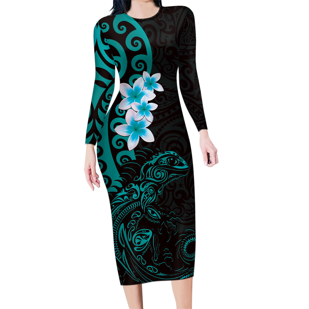 New Zealand Tuatara Plumeria Family Matching Long Sleeve Bodycon Dress and Hawaiian Shirt Maori Teal Koru Tribal Tattoo LT01 Mom's Dress Teal - Polynesian Pride