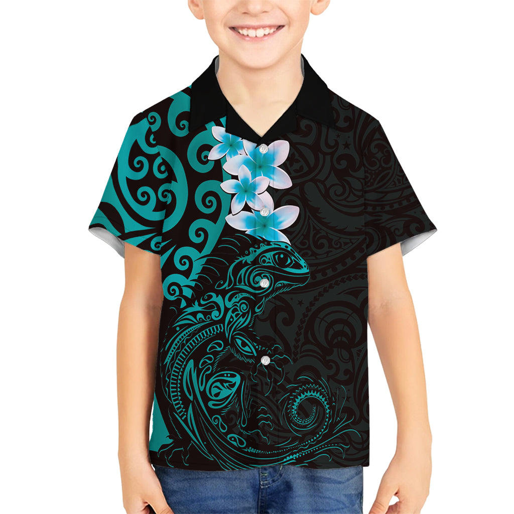 New Zealand Tuatara Plumeria Family Matching Long Sleeve Bodycon Dress and Hawaiian Shirt Maori Teal Koru Tribal Tattoo LT01 Son's Shirt Teal - Polynesian Pride