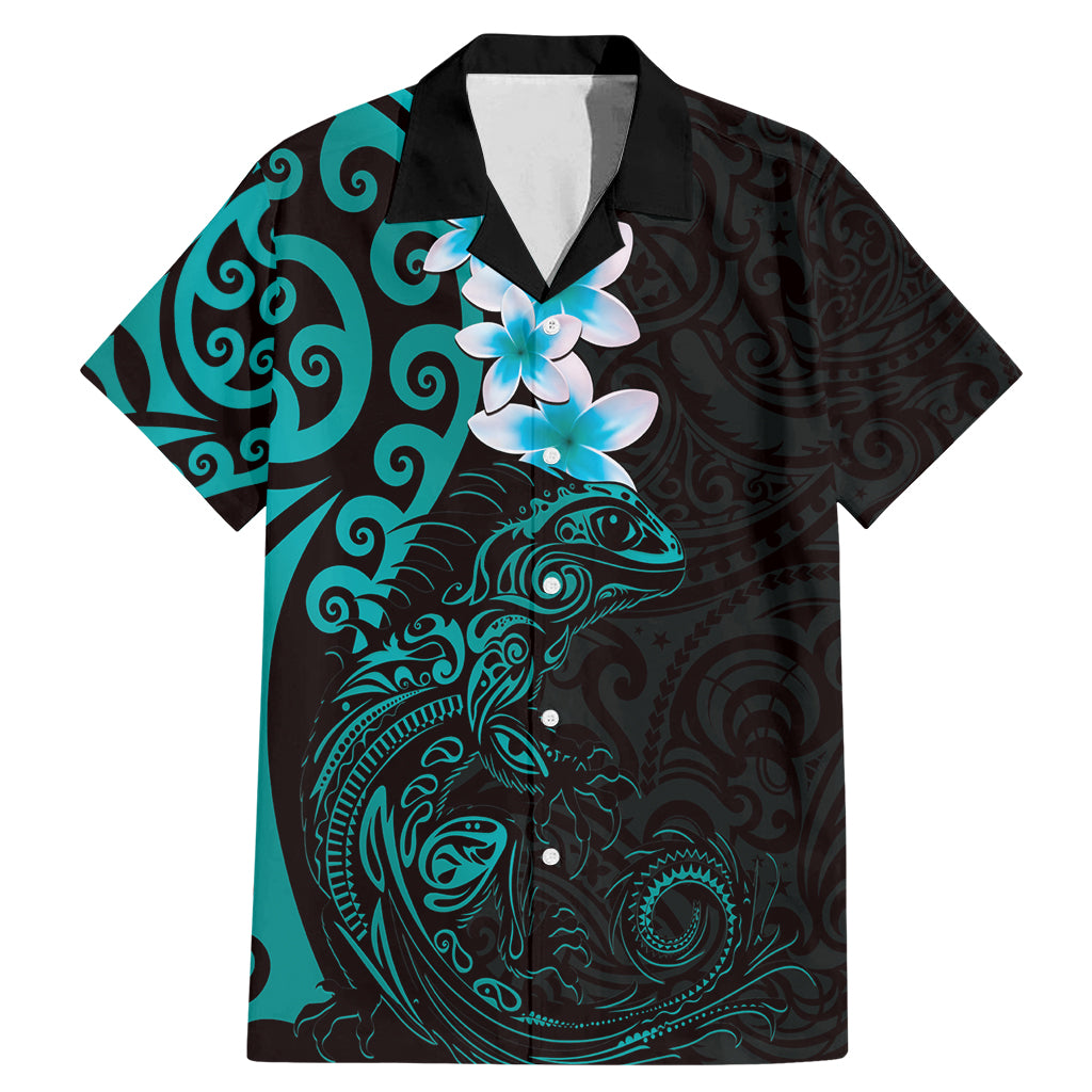 New Zealand Tuatara Plumeria Family Matching Mermaid Dress and Hawaiian Shirt Maori Teal Koru Tribal Tattoo LT01 Dad's Shirt - Short Sleeve Teal - Polynesian Pride