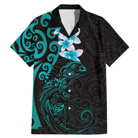 New Zealand Tuatara Plumeria Family Matching Mermaid Dress and Hawaiian Shirt Maori Teal Koru Tribal Tattoo LT01 Dad's Shirt - Short Sleeve Teal - Polynesian Pride