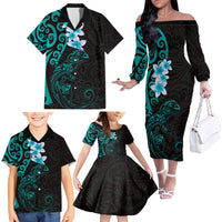 New Zealand Tuatara Plumeria Family Matching Off The Shoulder Long Sleeve Dress and Hawaiian Shirt Maori Teal Koru Tribal Tattoo LT01 - Polynesian Pride