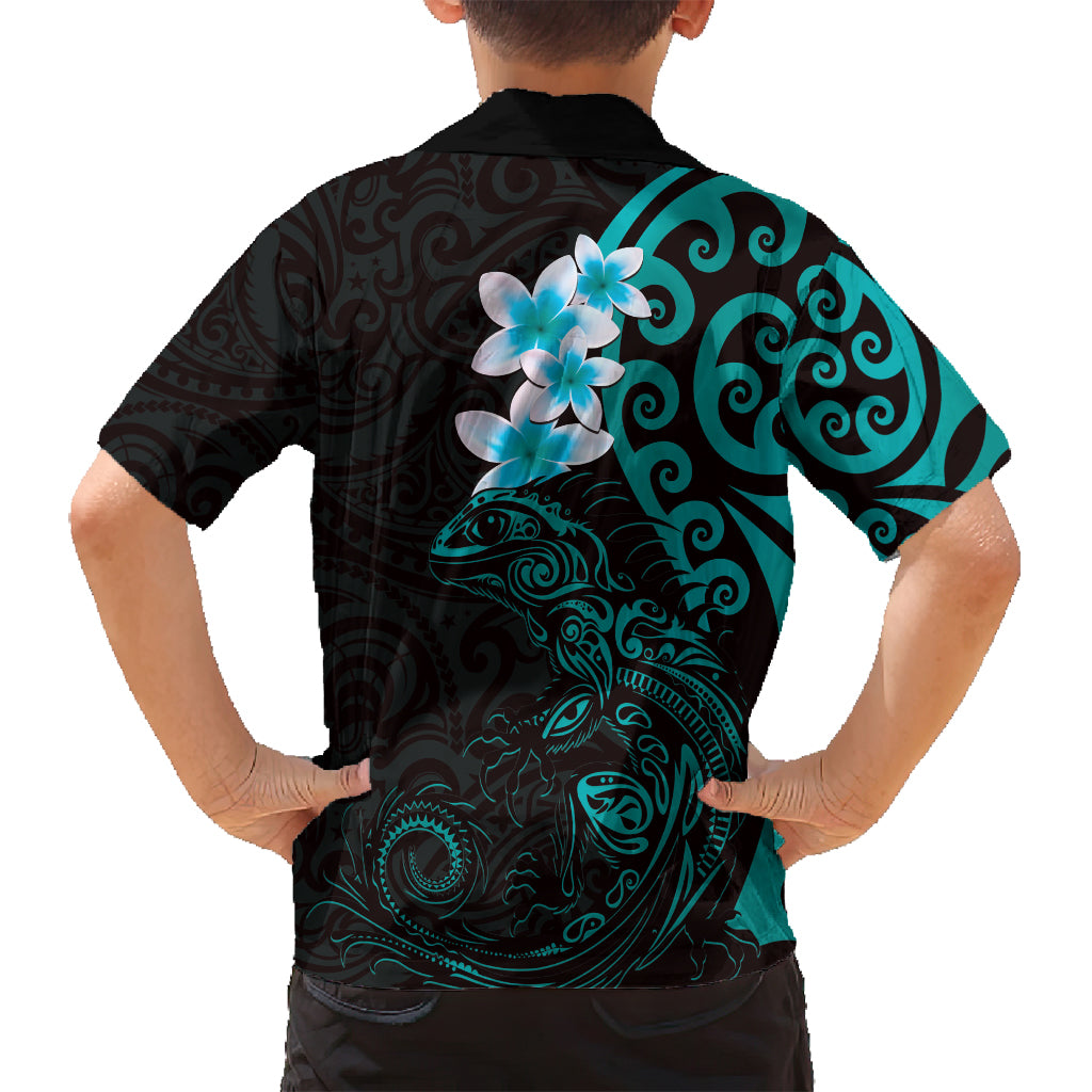 New Zealand Tuatara Plumeria Family Matching Off Shoulder Maxi Dress and Hawaiian Shirt Maori Teal Koru Tribal Tattoo LT01 - Polynesian Pride