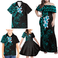 New Zealand Tuatara Plumeria Family Matching Off Shoulder Maxi Dress and Hawaiian Shirt Maori Teal Koru Tribal Tattoo LT01 - Polynesian Pride