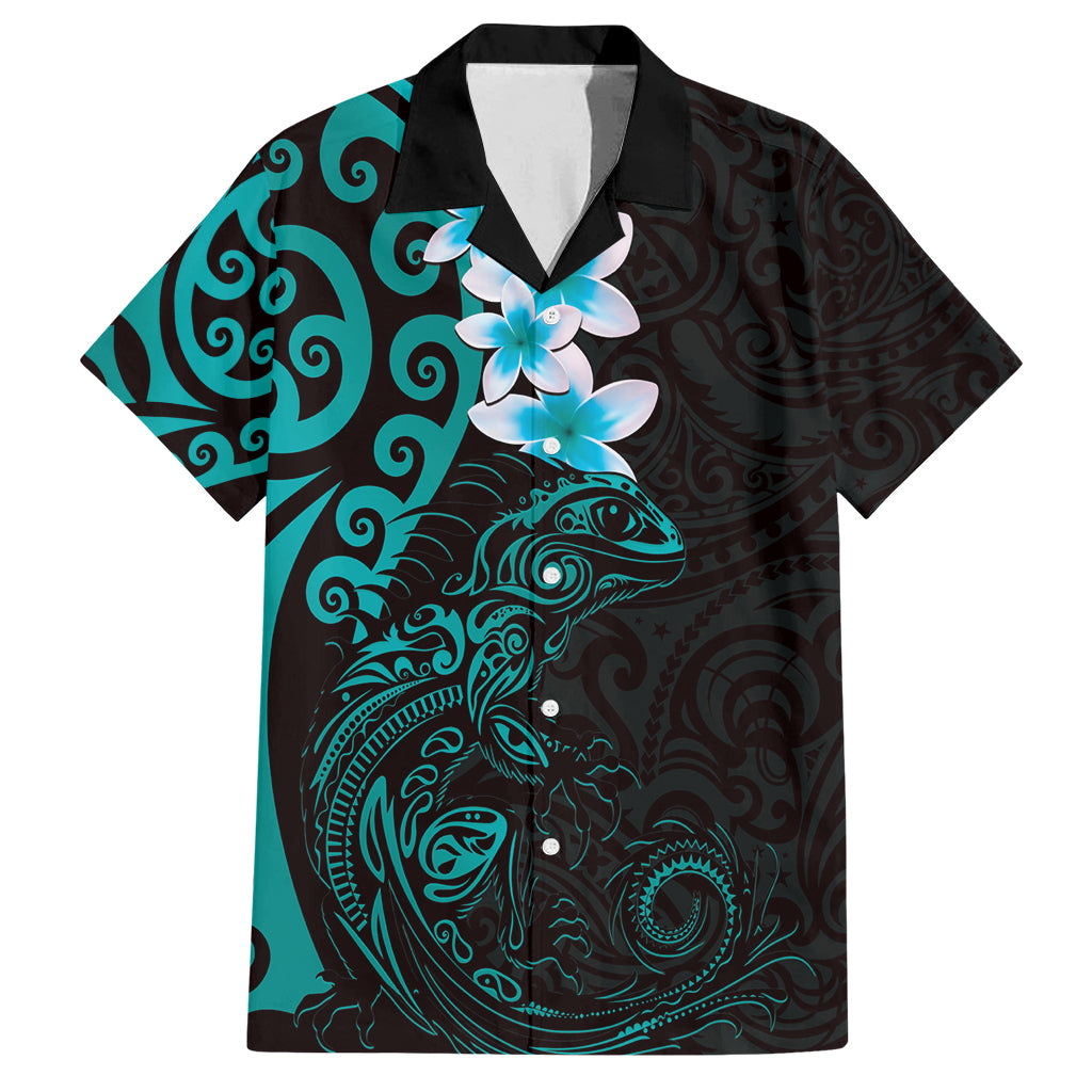 New Zealand Tuatara Plumeria Family Matching Off Shoulder Maxi Dress and Hawaiian Shirt Maori Teal Koru Tribal Tattoo LT01 Dad's Shirt - Short Sleeve Teal - Polynesian Pride