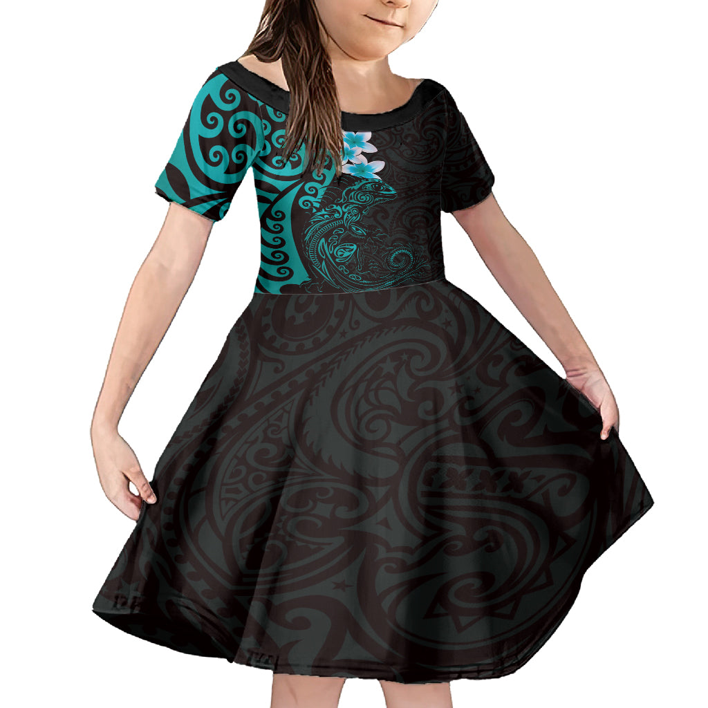 New Zealand Tuatara Plumeria Family Matching Off Shoulder Short Dress and Hawaiian Shirt Maori Teal Koru Tribal Tattoo LT01 Daughter's Dress Teal - Polynesian Pride