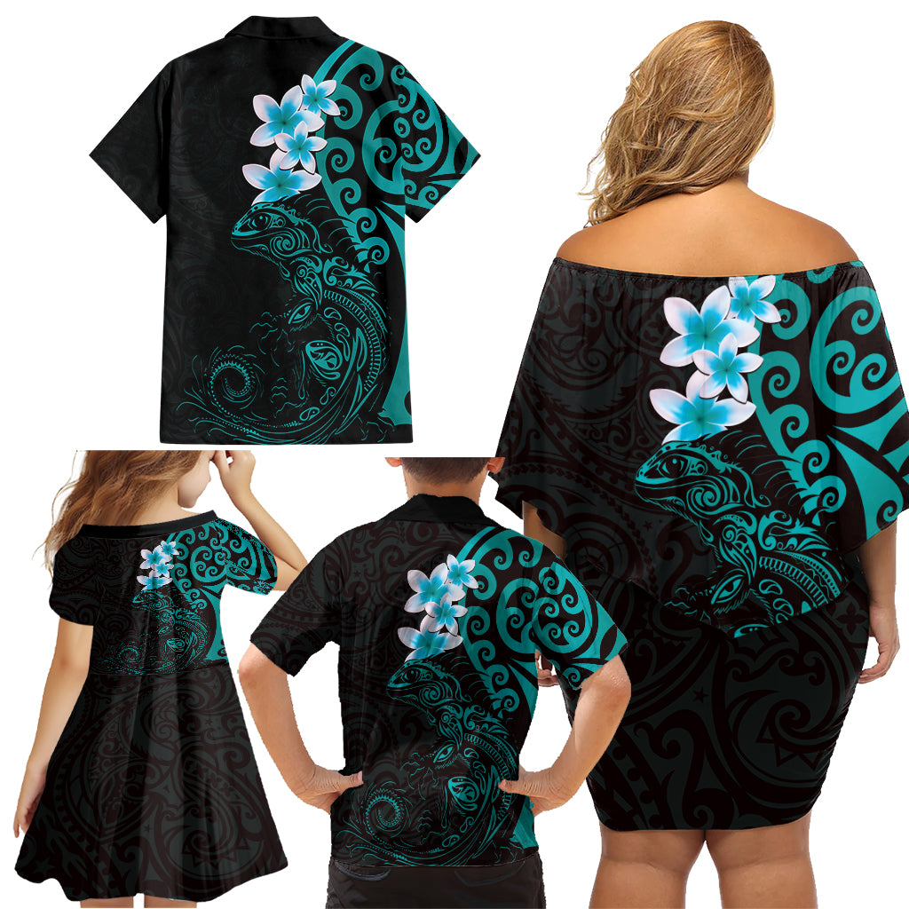 New Zealand Tuatara Plumeria Family Matching Off Shoulder Short Dress and Hawaiian Shirt Maori Teal Koru Tribal Tattoo LT01 - Polynesian Pride