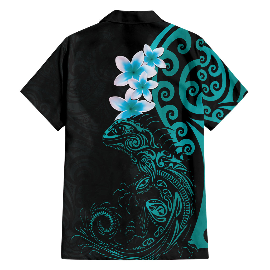 New Zealand Tuatara Plumeria Family Matching Off Shoulder Short Dress and Hawaiian Shirt Maori Teal Koru Tribal Tattoo LT01 - Polynesian Pride
