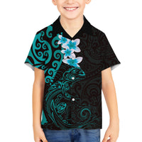 New Zealand Tuatara Plumeria Family Matching Puletasi and Hawaiian Shirt Maori Teal Koru Tribal Tattoo LT01 Son's Shirt Teal - Polynesian Pride