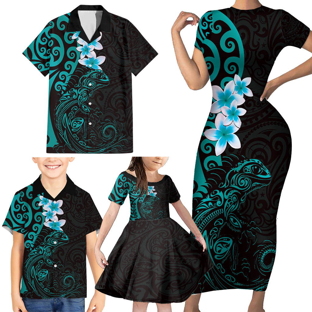 New Zealand Tuatara Plumeria Family Matching Short Sleeve Bodycon Dress and Hawaiian Shirt Maori Teal Koru Tribal Tattoo LT01 - Polynesian Pride