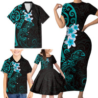 New Zealand Tuatara Plumeria Family Matching Short Sleeve Bodycon Dress and Hawaiian Shirt Maori Teal Koru Tribal Tattoo LT01 - Polynesian Pride