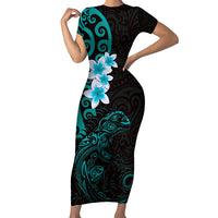 New Zealand Tuatara Plumeria Family Matching Short Sleeve Bodycon Dress and Hawaiian Shirt Maori Teal Koru Tribal Tattoo LT01 Mom's Dress Teal - Polynesian Pride