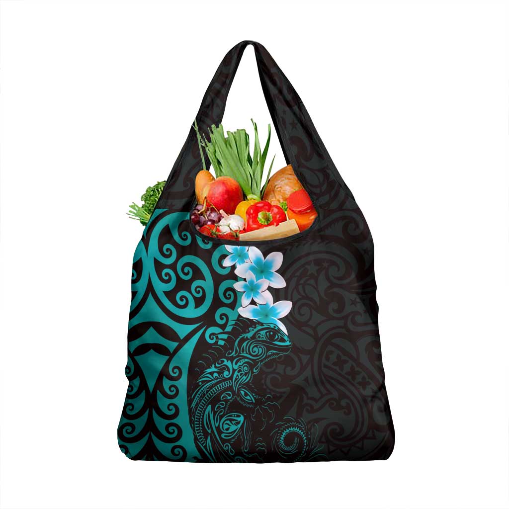 New Zealand Tuatara Plumeria Grocery Bag Maori Teal Koru Tribal Tattoo LT01 1-pack One Size Teal - Polynesian Pride