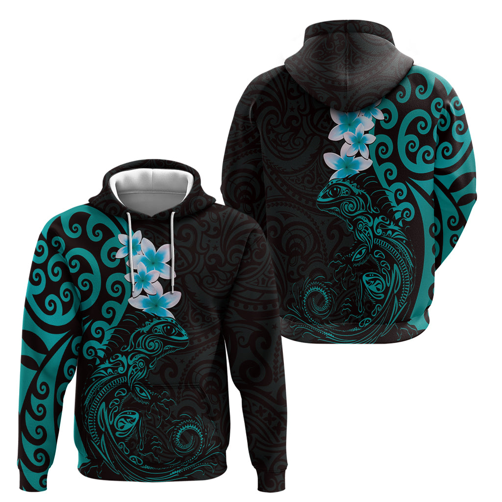 New Zealand Tuatara Plumeria Hoodie Maori Teal Koru Tribal Tattoo LT01 - Polynesian Pride