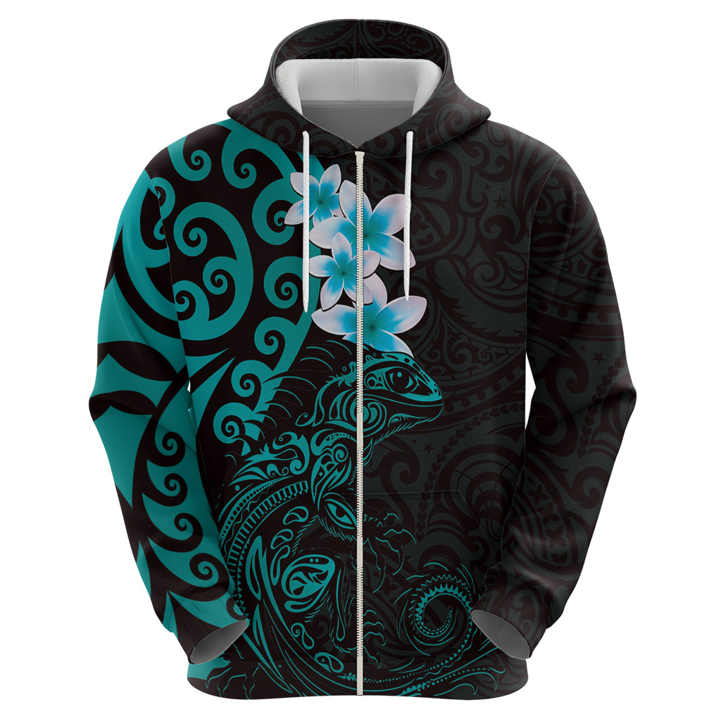 New Zealand Tuatara Plumeria Hoodie Maori Teal Koru Tribal Tattoo LT01 - Polynesian Pride