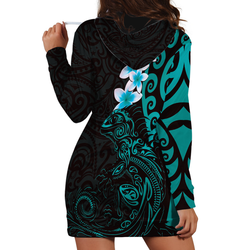 New Zealand Tuatara Plumeria Hoodie Dress Maori Teal Koru Tribal Tattoo LT01 - Polynesian Pride