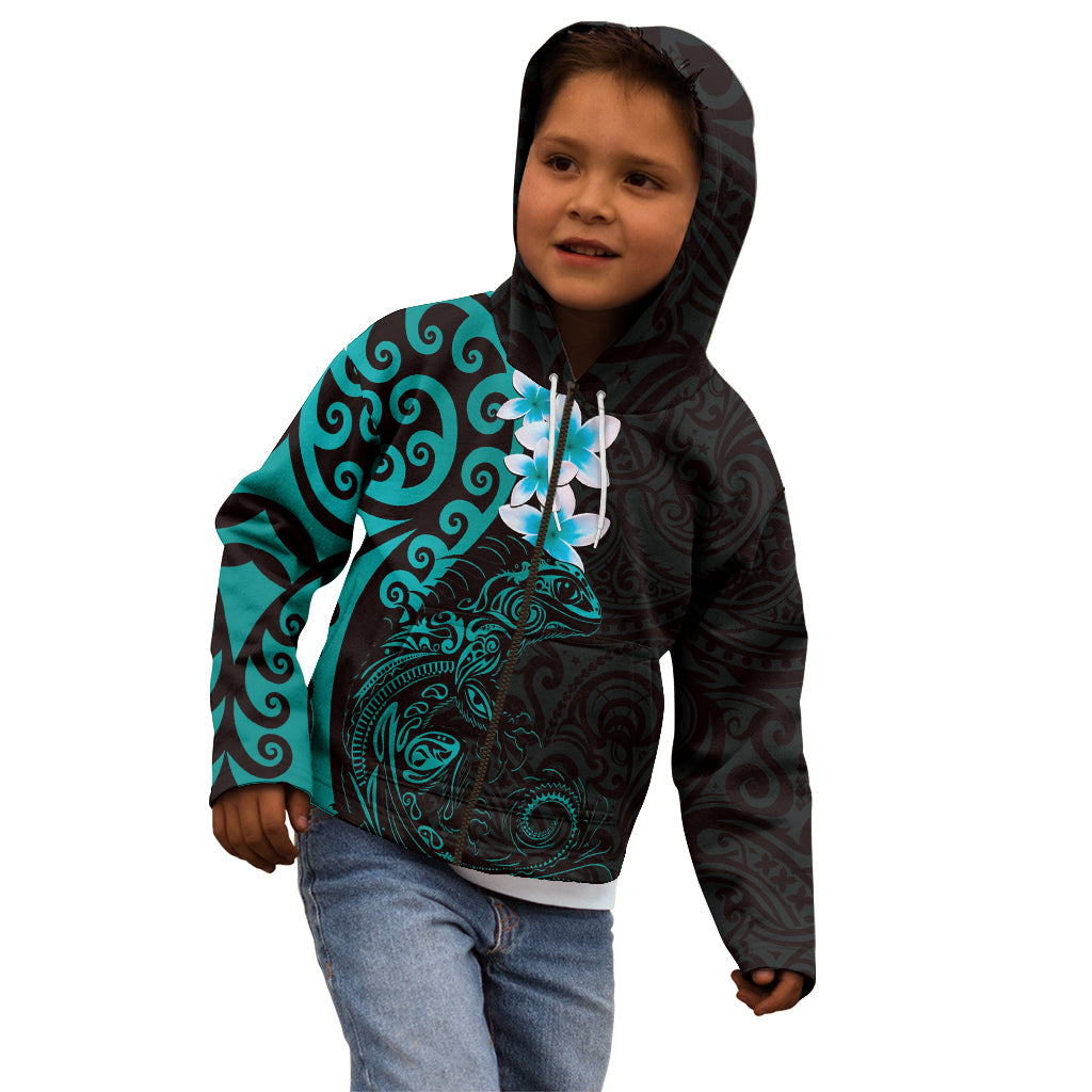 New Zealand Tuatara Plumeria Kid Hoodie Maori Teal Koru Tribal Tattoo LT01 - Polynesian Pride