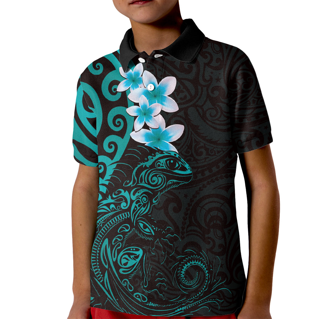 New Zealand Tuatara Plumeria Kid Polo Shirt Maori Teal Koru Tribal Tattoo LT01 Kid Teal - Polynesian Pride
