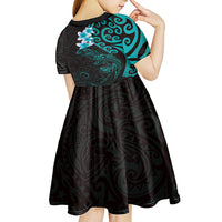 New Zealand Tuatara Plumeria Kid Short Sleeve Dress Maori Teal Koru Tribal Tattoo LT01 - Polynesian Pride
