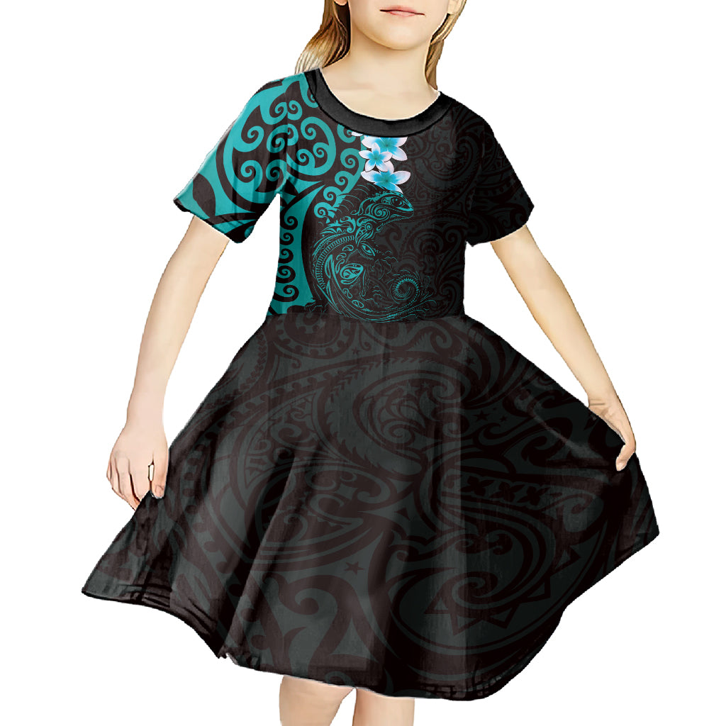 New Zealand Tuatara Plumeria Kid Short Sleeve Dress Maori Teal Koru Tribal Tattoo LT01 - Polynesian Pride